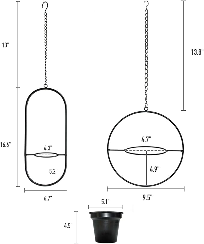 Metal Hanging Planters, Modern Plant Hanger with 5 inch Flower Pot, Set of 2 Black Plant Holder in Oval and Round Shape, Small Wall and Ceiling Planter for Indoor Plants, Home Décor HemePaha