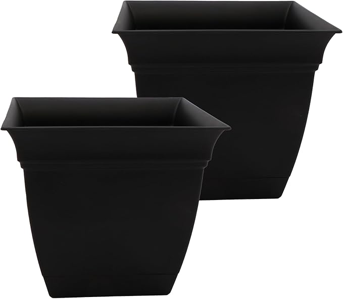 The HC Companies 12 Inch Eclipse Square Planter Pots with Drainage Holes & Attached Saucer, Lightweight UV-Resistant Plastic Indoor Outdoor Planters, 2-Pack Flower Pots for Garden & Home Decor, Black TheHCCompanies