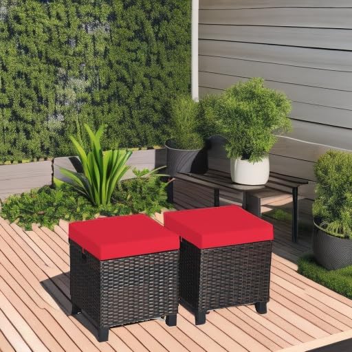 Tangkula 2 Pieces Outdoor Patio Ottoman, All Weather Rattan Wicker Ottoman Seat, Patio Rattan Furniture, Outdoor Footstool Footrest Seat w/Removable Cushions TANGKULA