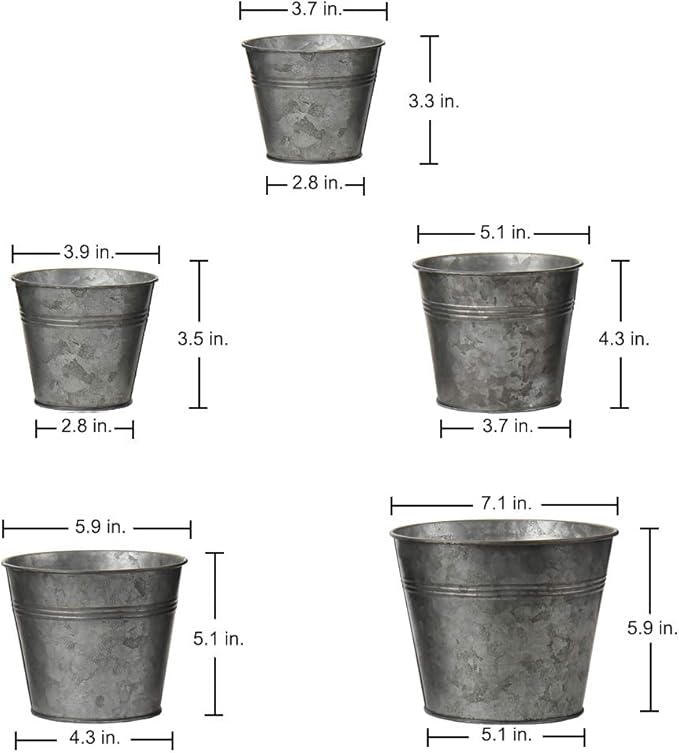 Briful 5 Size Galvanized Buckets Rustic Farmhouse Metal Bucket Galvanized Flower Bucket Home Indoor Outdoor Decorative Tin Planters (3.7In/3.9In/5.1In/5.9In/7.1In) Briful