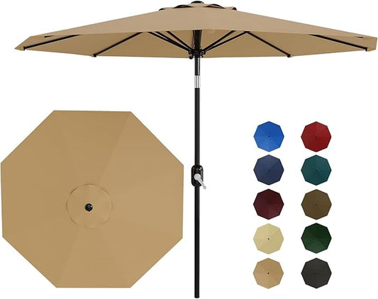 10 ft Patio Umbrella - 8 Sturdy Ribs Outdoor Table Umbrella with Crank Lift & Push Button Tilt - Market Umbrella for Pool, Deck, Yard, Garden - Tan Garvee