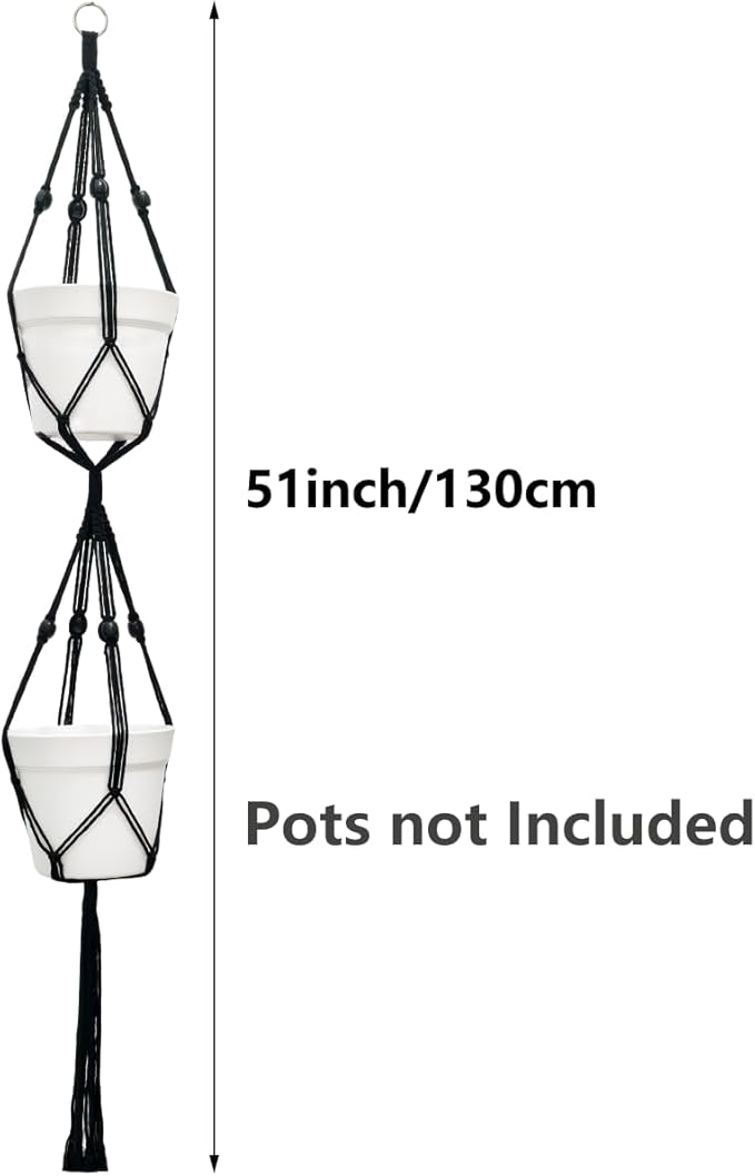 Belit 2 Pack Double Macrame Plant Hangers 2 Tier Hanging Planter Basket Decorative Flower Pot Holder Rope for Indoor Outdoor Home Decor 51 Inch, Black Belit