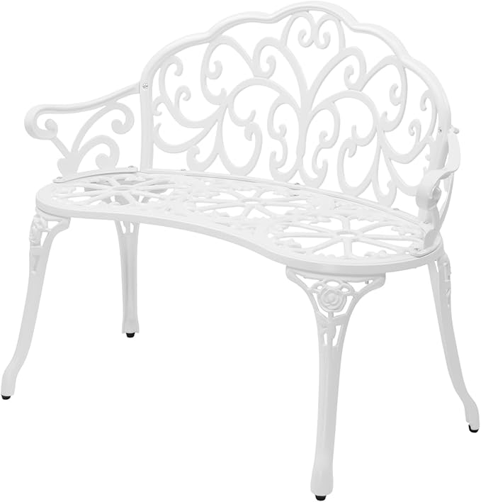 VINGLI 38.5" Patio Park Garden Outdoor Metal Rose Bench, 2-Person Cast Iron Cast Aluminium Frame Antique Finish Chair,Accented Lawn Front Porch Path Yard Decor Deck Furniture (White, Butterfly) VINGLI