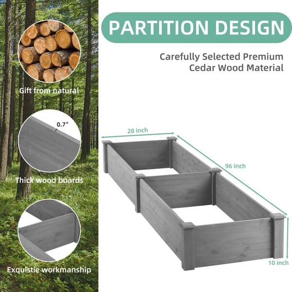 Over Ground 96x28x10 inch Raised Garden Bed, Large Wood Planter Box for Outdoor Herbs Vegetables Flowers, Tool-Free Quick Assembly Patio Yard Gardening Container, Durable Natural Cedar Frame Rootora
