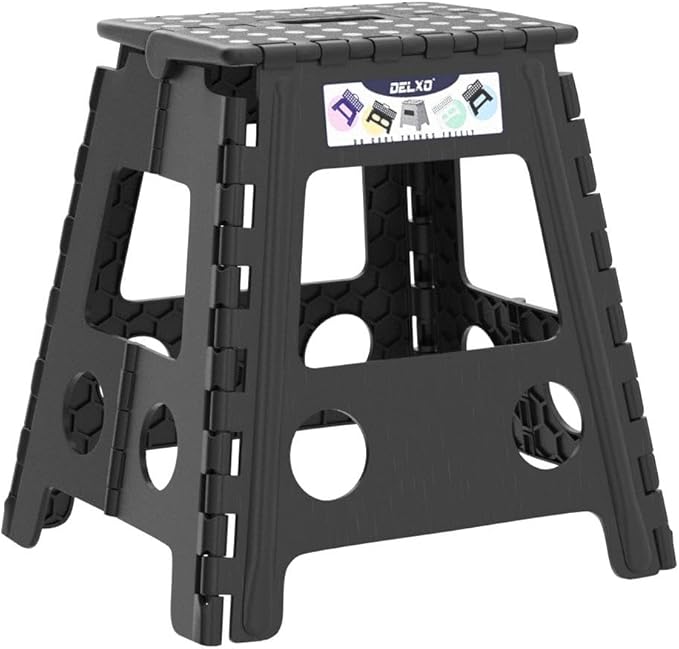 Delxo 16 Inch Folding Step Stool,Foldable Stool for Adults with Safety Lock,Portable Collapsible Plastic Stepstool,Non Slip Folding Stools for Kitchen Bathroom Bedroom Up to 400LBS,(Black 1PC) Delxo
