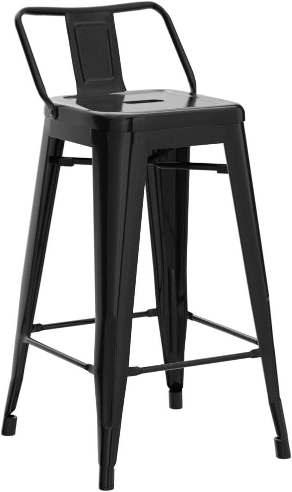 Yaheetech Bar Stools Set of 4, Metal Counter Height Chairs, 26 Inch Industrial Kitchen Stools with Backrest and Footrest for Indoor/Outdoor, Matte Black Yaheetech