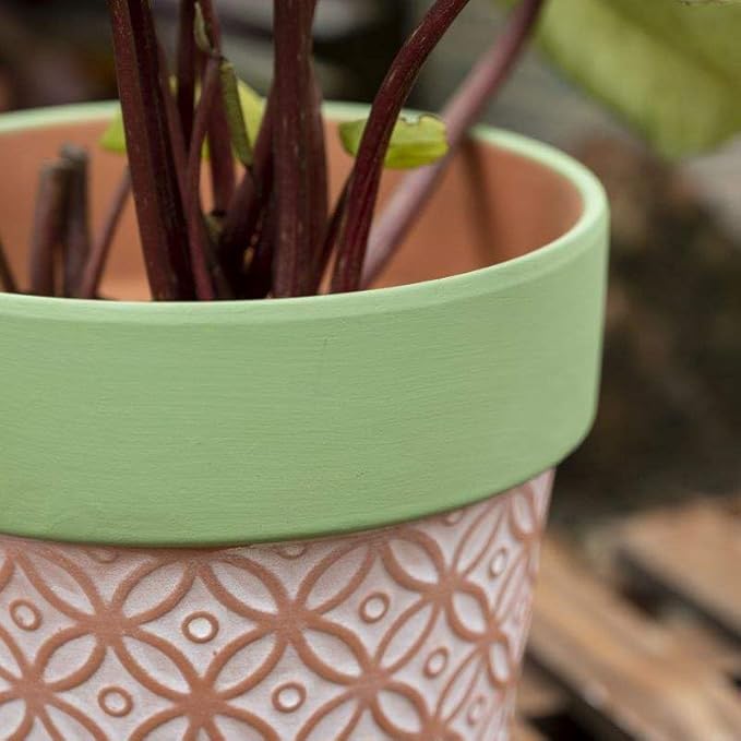 Terracotta Plant Pots Set of 2-4.7 Inch Vintage Pattern Clay Flowerpots with Green Rim & Drainage Holes, Decorative Terra Cotta Pots for Indoor Outdoor Garden Home Decor Rootora
