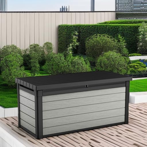 Keter Denali 150 Gallon Resin Large Deck Box with Double Wall 20mm Panels - Paintable and Drillable-Organization and Storage for Patio Furniture and Outdoor Items, Grey & Black Keter