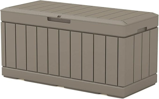 Patiowell 82 Gallon Resin Deck Box, Waterproof Large Wood Look Storage Box for Patio Furniture, Pool Accessories, Garden Tools and Sports Equipment, Lockable, Light Brown Patiowell