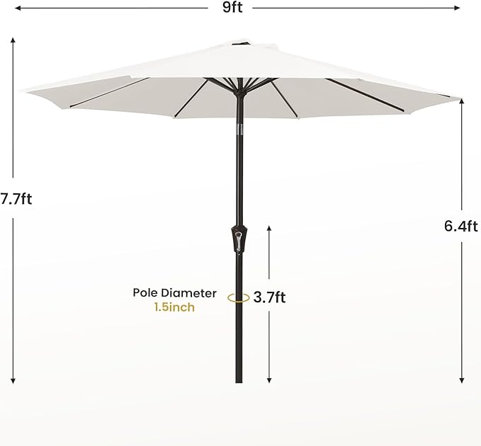 MEWAY 9ft Patio Umbrella Outdoor Table Umbrellas with Push Button Tilt and Crank, Market Umbrella 8 Sturdy Ribs for Deck, Garden, Pool and Backyard, Off-white MEWAY