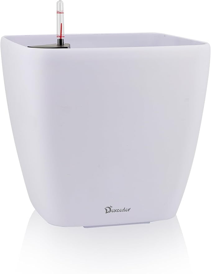 Dexceder 13x12 Self Watering Planter with Wheels Indoor Outdoor, Inner Mat Design, Thickened Large Floor Standing Flower Plant Pot with Water Level Indicator (White Matte) Dexceder