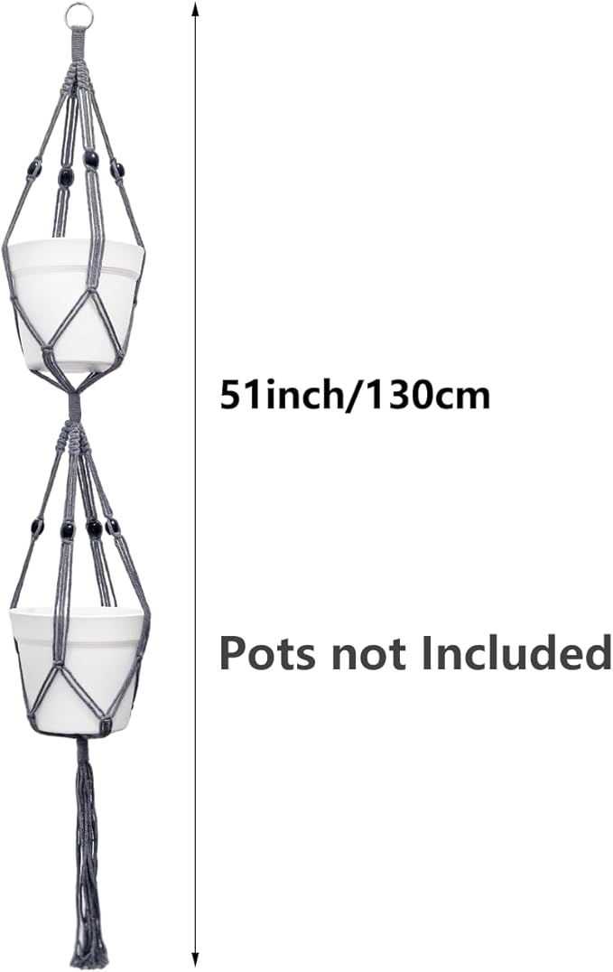 Belit 2 Pack Double Macrame Plant Hangers 2 Tier Hanging Planter Basket Decorative Flower Pot Holder Rope for Indoor Outdoor Home Decor 51 Inch, Grey Belit