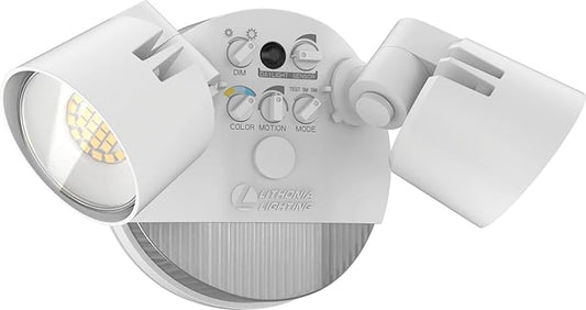 Lithonia Lighting HomeGuard 2-Light LED Outdoor Flood Lights, Motion Sensor Outdoor Lights with Dusk to Dawn, Adjustable Lumens and Color, Round Heads, White (HGX LED 2RH ALO SWW2 120 PIR WH M2) AcuityBrands