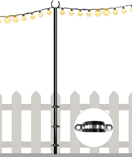 10FT String Light Pole for Outdoor, Heavy Duty Metal Lighting Stand Pole for Deck Fence Railing Backyard Patio Holiday Wedding Party Decorations (1 Pack) Eazielife