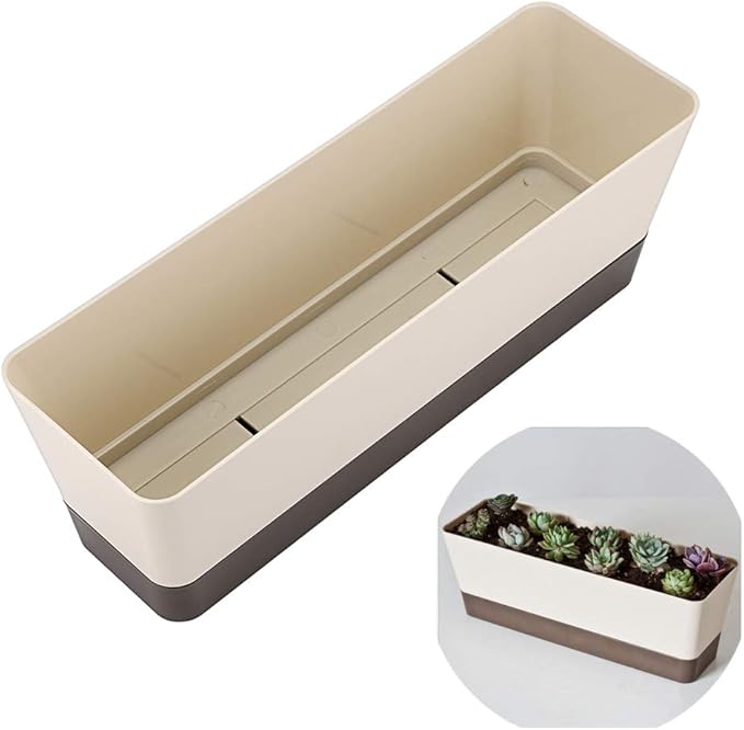 Skelang 3 Pcs Rectangular Plant Pot, 12" Watering Container with Drainage Hole, Window Planter Box with Saucer for Succulents, Flowers, Indoor Plants, African Violets Skelang