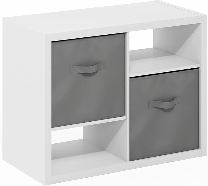 Furinno Viola Standing Storage Shelf with Two Storage Bins, White/Light Grey Furinno-FitsYourSpaceFitsYourBudget