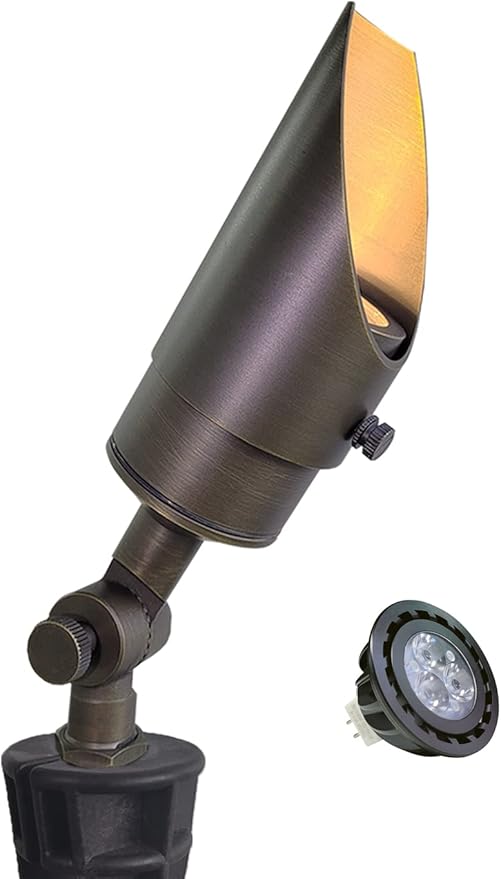 MALORY Brass Landscape Spotlight 1-Pack with MR16 Bulb Kit(S04), Low Voltage 12V AC/DC Shroud Adjustable Outside Yard Lighting,PVC Ground Stake and Wire Connector Included, 5W 2700K Warm White MALORY