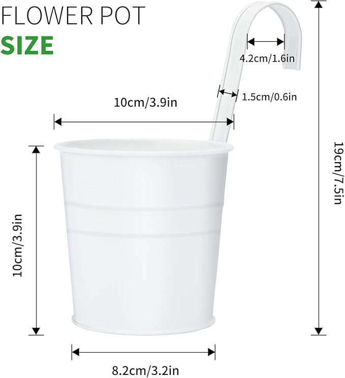 KINGLAKE Flower Pots,10 Pcs Metal Iron Hanging Flower Plant Pots Balcony Garden Plant Planter Baskets Fence Bucket Pot 4'' Flower Holders with Detachable Hook White KINGLAKE
