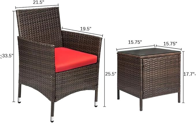 Devoko Patio Porch Furniture Sets 3 Pieces PE Rattan Wicker Chairs with Table Outdoor Garden Furniture Sets (Brown/Red) DEVOKO