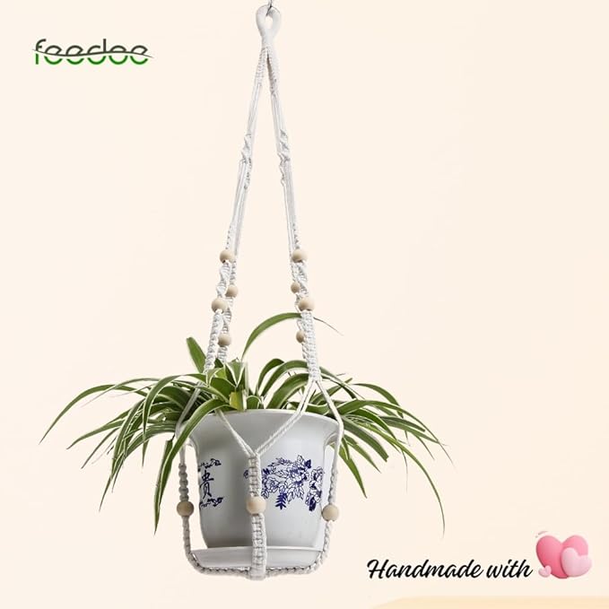 feedee Macrame Plant Hanger, Hanging Planters for Indoor Plants Holder with Wood Beads, Hanging Plant Holder for Indoor Outdoor, Gifts for Plant Lovers, Boho Home Decor Plant Hanger, Ivory Feedee