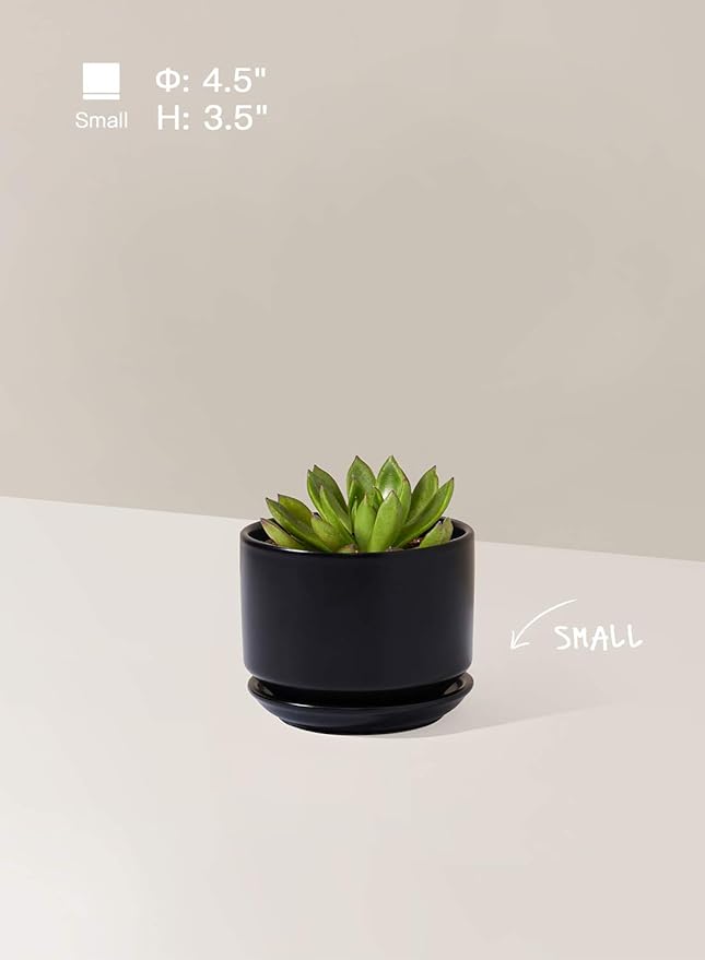 LE TAUCI Ceramic Plant Pots, 4.3+5.3+6.8 inch, Set of 3, Planters with Drainage Hole and Saucer, Indoor Flower Pot with Hole Mesh Pad, Gifts for Mom, Black LETAUCI