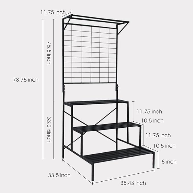 Zhongma 3 Tier Large Heavy Duty Plant Stand with wheels, Tall multi layer Plant Holder with Hanging Plant pot shelf, 35.43 x 33.27 x 80.7inch, Each Tier: 35.43 L x 10.5W, Easy to Hold Large Plant Pot Zhongma