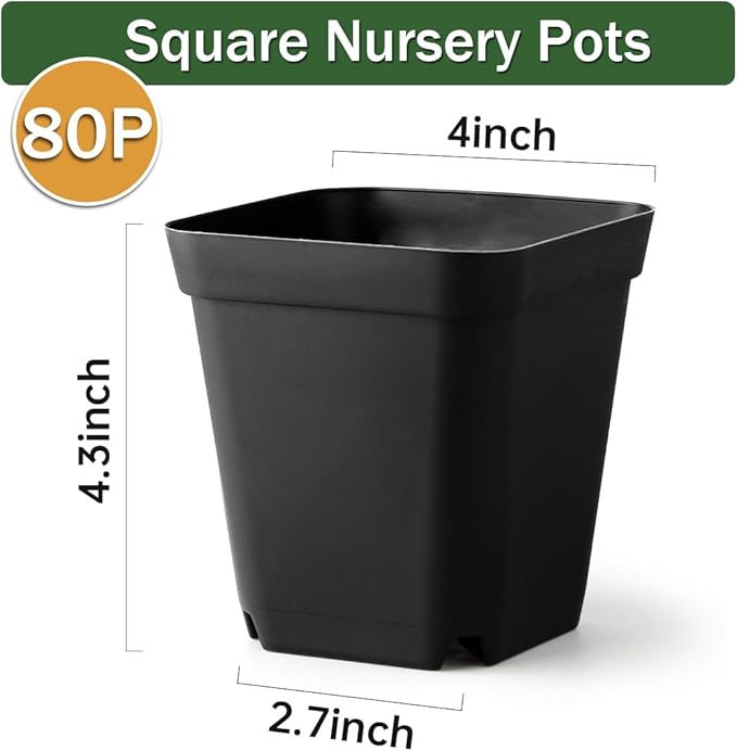 80 Pcs Nursery Pots 4 Inch, Plastic Seed Starting Pot with Drainage Holes, Sturdy Seedling pots for Planting, Succulents, Transplanting, Cuttings (Black) BTPLASTIK