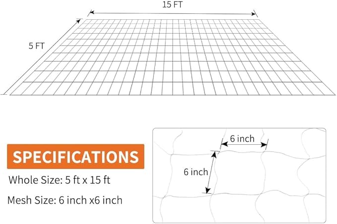 Tcamp Trellis Netting for Climbing Plants Outdoor Indoor (6" Square Mesh Ployester, 5ft x 15ft) (2 Pack) Tcamp
