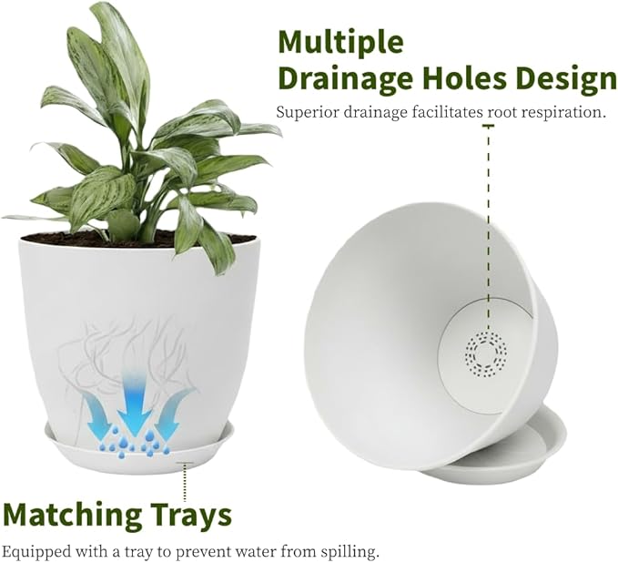 Plant Pots 8 Inch Set of 6, Flower Pots with Drainage Holes and Saucer, Plastic Garden Planters for Indoor & Outdoor Plants (White) Vanslogreen