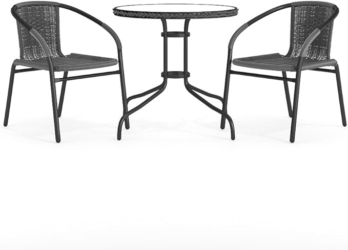 Flash Furniture 3-Piece Patio Dining Set with Round Glass Metal Table and 2 Stackable Rattan Chairs, Indoor/Outdoor Bistro Table and Chairs Set, Gray FlashFurniture