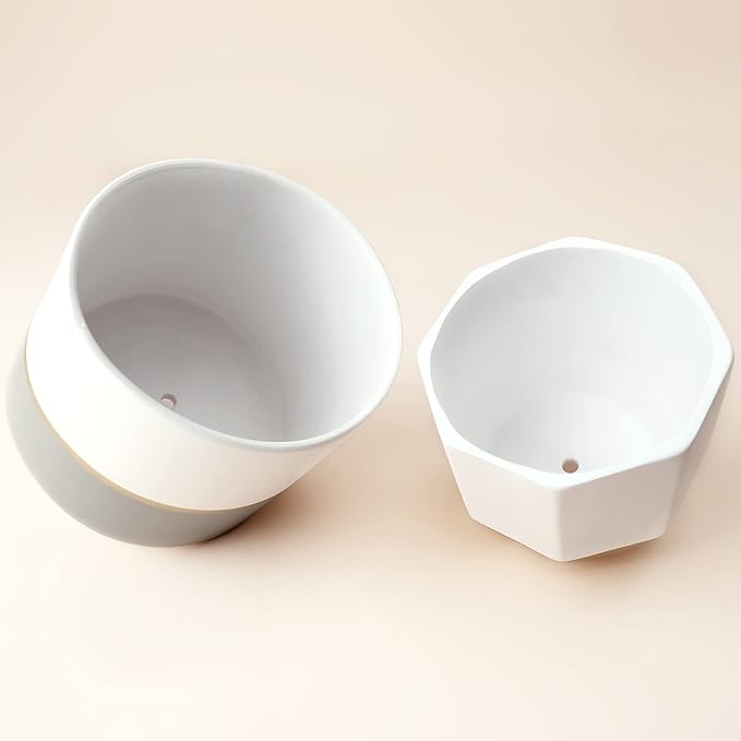 LA Jolie Muse White Ceramic Flower Pot Garden Planters 6.7 Inch Pack 2 Indoor Plant Containers with Gold and Grey Detailing LaJol%C3%ADeMuse