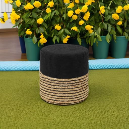 REDEARTH · Cylindrical Pouf Ottoman - Braided Pouffe Accent Sitting Round Footrest for Living Room, Bedroom, Nursery, kidsroom, Patio, Gym; 70% Cotton 30% Jute, (14.5X14.5X16; Black Natural) REDEARTH