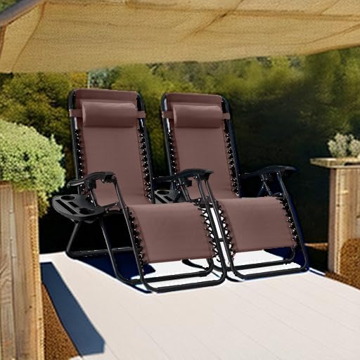 Best Choice Products Set of 2 Adjustable Steel Mesh Zero Gravity Lounge Chair Recliners w/Pillows and Cup Holder Trays - Brown BestChoiceProducts