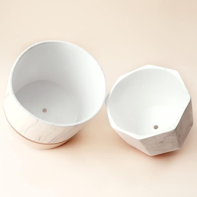 LA JOLIE MUSE White Ceramic Flower Pots - 6.7 + 5.4 Inch Indoor Planters, Plant Containers in a Marble Ink Pattern with Rose Gold and Pink Detailing LaJol%C3%ADeMuse