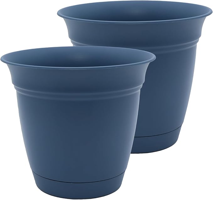 The HC Companies 12 Inch Eclipse Round Planter Pots with Drainage Holes & Attached Saucer, Lightweight UV-Resistant Plastic Indoor & Outdoor Planters, 2-Pack Flower Pots, Garden Home Decor, Slate Blue TheHCCompanies