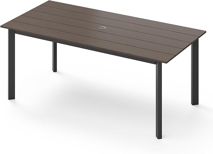 67" Rectangle HDPS Patio Dining Table, Aluminum Outdoor Patio Dining Table with Umbrella Hole, Weather-Resistant for Lawn, Garden, Yard, Poolside and Indoor Use (Gray & Teak) Oasbira