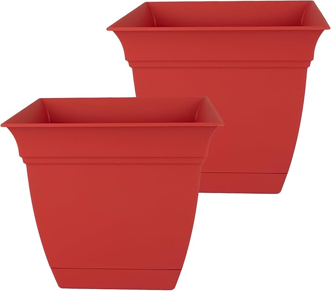 The HC Companies 12 Inch Eclipse Square Planter Pots with Drainage Holes & Attached Saucer, Lightweight UV-Resistant Plastic Indoor Outdoor Planters, 2-Pack Flower Pots for Garden & Home Decor, Red TheHCCompanies