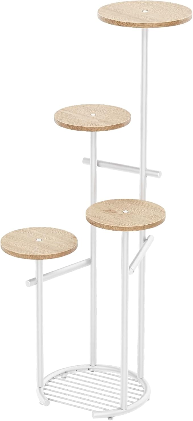 TOSKING 5 Tier Metal Plant Stand Indoor， Plant Shelf, Corner Shelf Flower Pot Stand for Outdoor Plant Stand for Living Room Balcony Garden Patio Bedroom (White and Wood, 42in) TOSKINGESSENCE