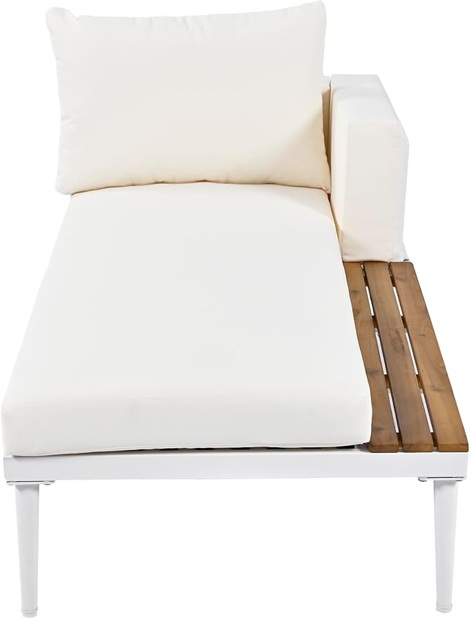 Outdoor Patio Metal Daybed with Wood Topped Side for Drinks, 2 in 1 Padded Chaise Lounge Chair with Cushions & Pillows, Outdoor Double Sun Lounger for Lawn Garden Poolside, Beige RuiSiSi
