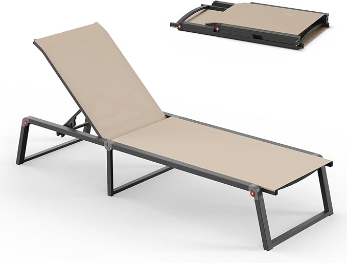 Aluminum Chaise Lounge Chair Outdoor, Foldable & No Assembly Patio Pool Lounge Chairs 5-Position Recliner for Outside Poolside, Fully Grounded Legs Sun Lounger for Beach, Yard, Khaki Oasbira