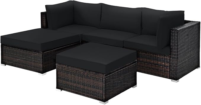 Tangkula 5 Piece Patio Rattan Furniture Set, Outdoor Sectional Rattan Sofa Set with Back & Seat Cushions, Wicker Conversation Set with Tempered Glass Table for Backyard Porch Poolside (Black) TANGKULA