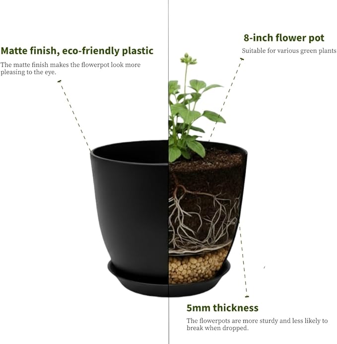 Plant Pots 8 Inch Set of 6, Flower Pots with Drainage Holes and Saucer, Plastic Garden Planters for Indoor & Outdoor Plants (Black) Vanslogreen