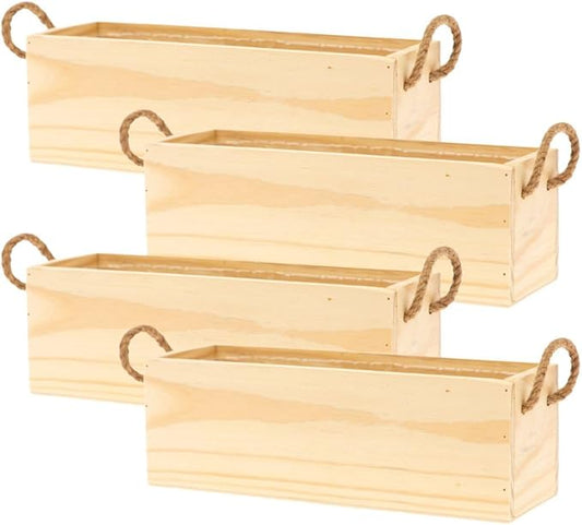 Wooden Planter Box with Handle, Rose Wood, Plastic Liner l Garden Decor l Restaurant and Wedding Decorations l Wedding Bouquets, Table Centerpiece, 12 x 4 Inches, (12x4 w Handle Set of 4, Rose Wood) Rootora