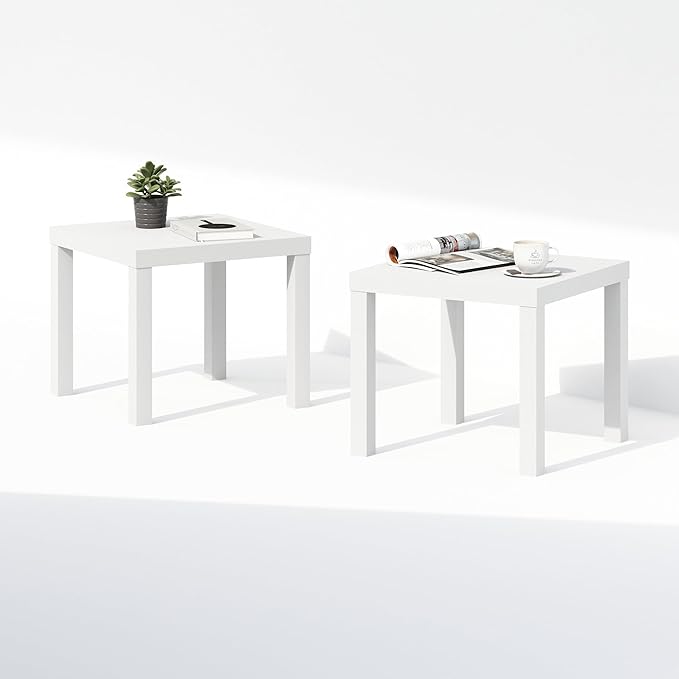 Furinno Classic Coffee Table Set of 2, Square Modern Coffee Table with Triple Thick Tabletop, Side Table with 4 Legs, for Living Room, Bedroom, Home Office, White Furinno-FitsYourSpaceFitsYourBudget