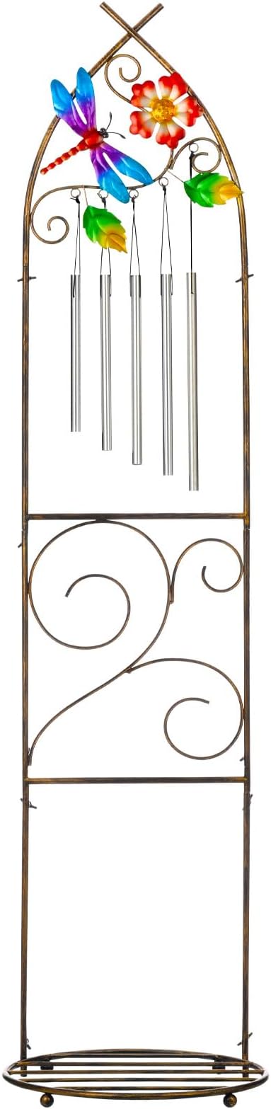 Garden Trellis with Plant Stands, 48” Metal Detachable Dragonfly Plant Pot Trellis with Wind Chimes for Climbing Plants Outdoor Lawn Patio Porches Decor SUNNYPARK