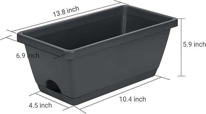 GREANER Rectangular Window Boxes with Trays, 3 Packs Modern Vegetable Planters, 13.8Inch Plastic Flower Boxes Container for Windowsill, Patio, Garden, Balcony, Porch, Indoor and Outdoor Use, Black GREANER