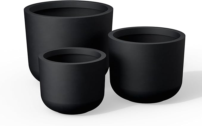 Kante 13",11",9" Dia Black Round Planters (Set of 3), Outdoor Indoor Modern Planter Pots, Lightweight, Weather Resistant, Seamless with Drainage Hole Kante
