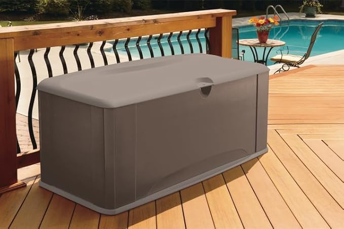 Rubbermaid Extra Large Resin Outdoor Storage Deck Box with Seat (120 Gal), Weather Resistant, Brown, Deck Organization for Home/Backyard/Pool Chemicals/Toys/Garden Tools/Porch/Patio Cushions Rubbermaid