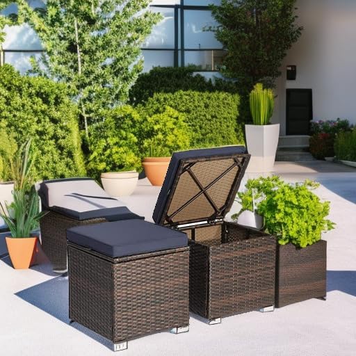 Tangkula 2 Pieces Patio Ottomans, Patiojoy Hand-Woven PE Rattan Side Table with Removable Cushion & Hidden Storage Space, Multifunctional Storage Box, Seat for Patio, Backyard, Poolside (Navy) TANGKULA