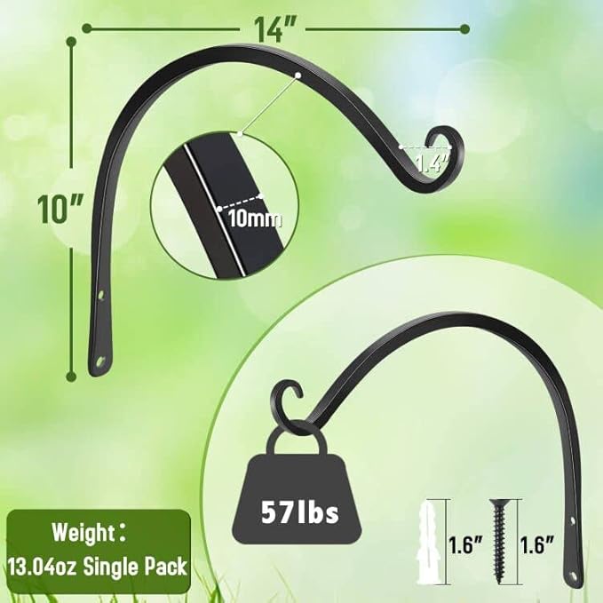 FEED GARDEN 2 Pack 14 Inch Hanging Plant Bracket Wall Hooks Decorative Plant Hangers for Outdoor Hanging Bird Feeders, Wind Chimes, Plant Baskets, Black FEEDGARDEN